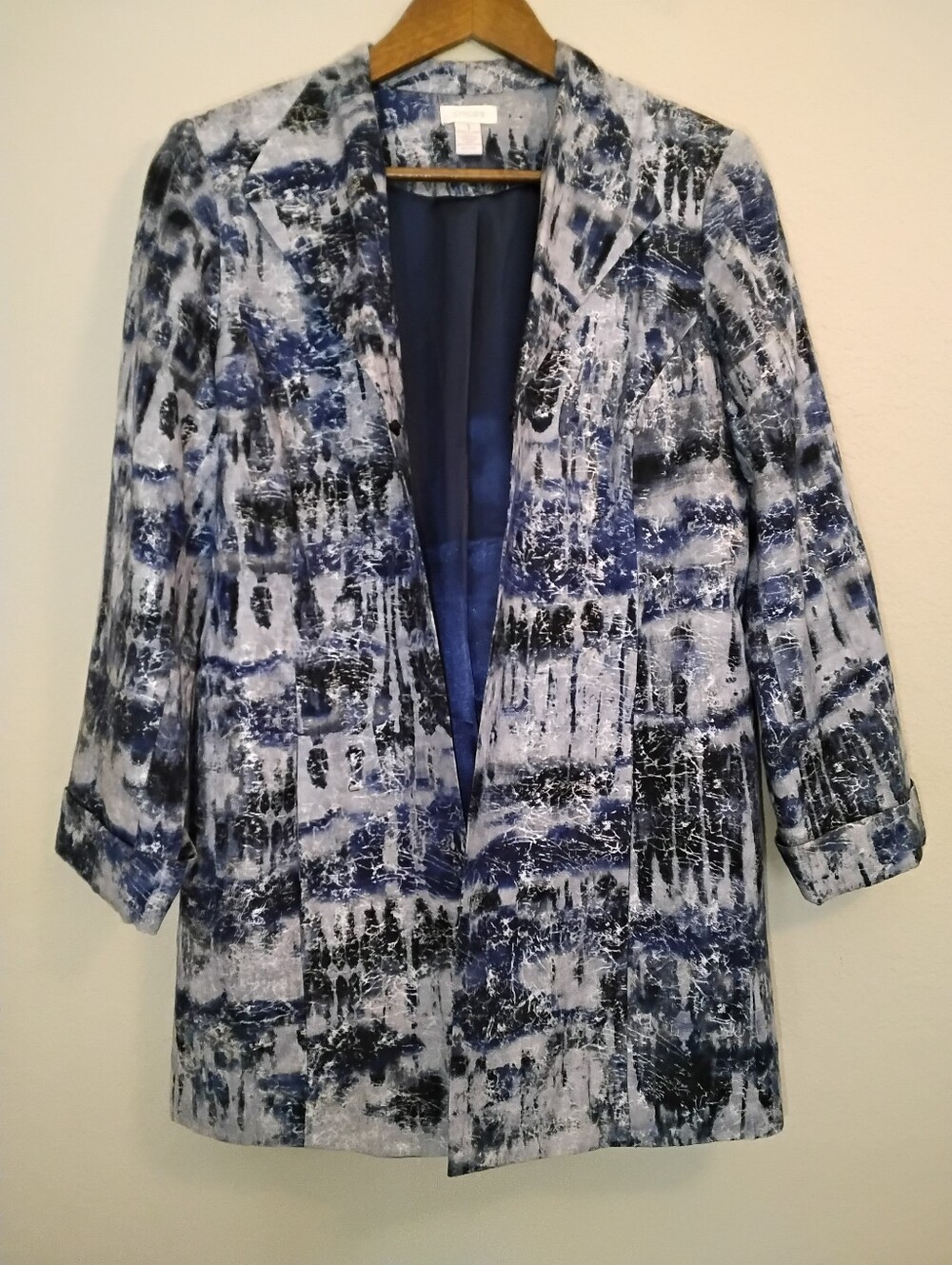 Chicos‎ Silk Blend Blazer Jacket Womens 1 Blue Grey Abstract Art To Wear Boho